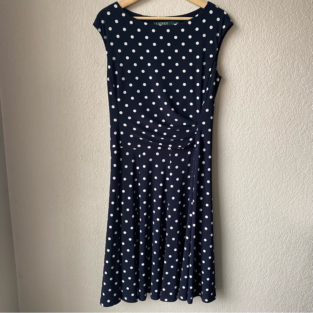 Lauren Ralph Lauren Navy Polka Dot Swing Dress Women's US Size 10 Boatneck